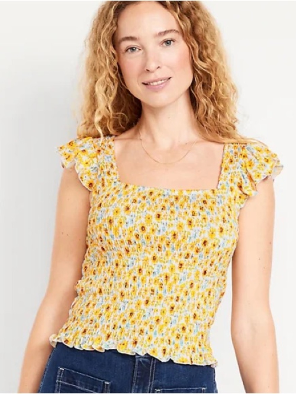Old Navy smocked bodice sunflower top with flutter sleeve, large